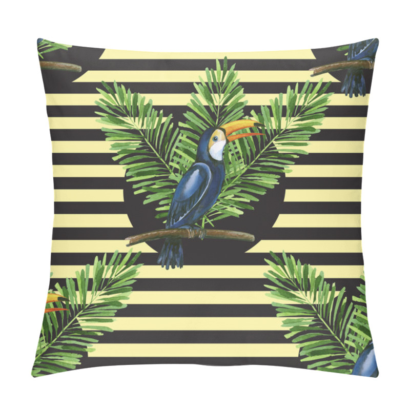 Personality  Toucan And Banana Leaves On The Stiped Background Seamless Patte Pillow Covers