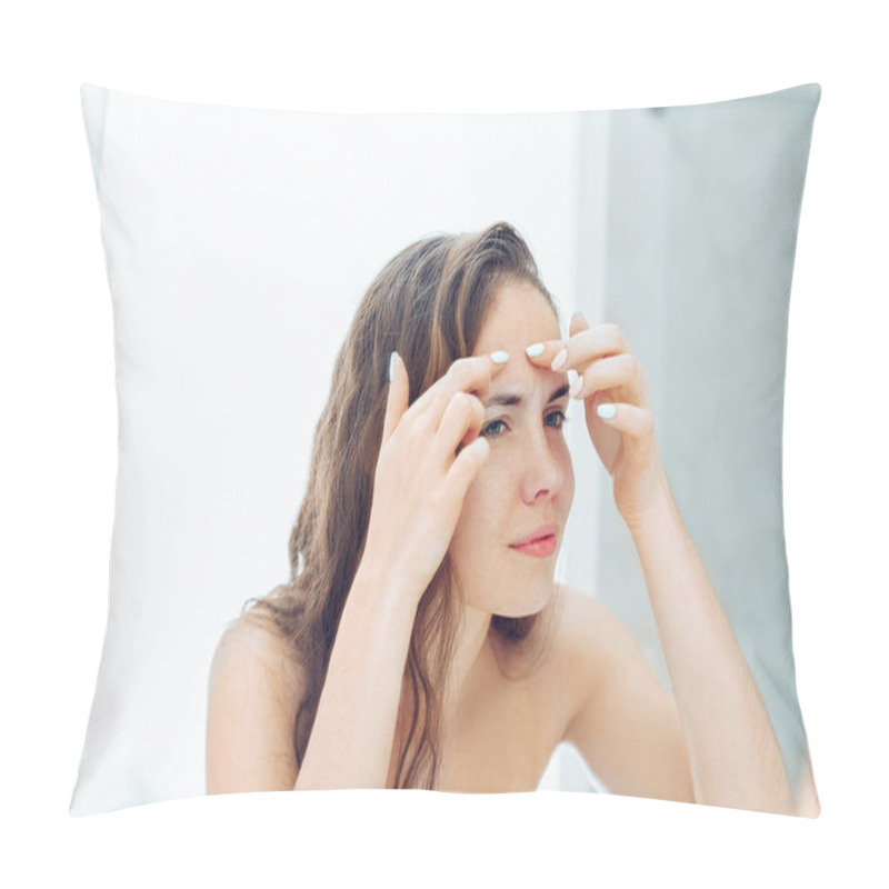 Personality  Young Woman  Looking And Squeeze  Acne On A Face In Front Of The Mirror. Ugly Problem Skin Girl, Teen Girl Having Pimples. Skin Care. Beauty Pillow Covers