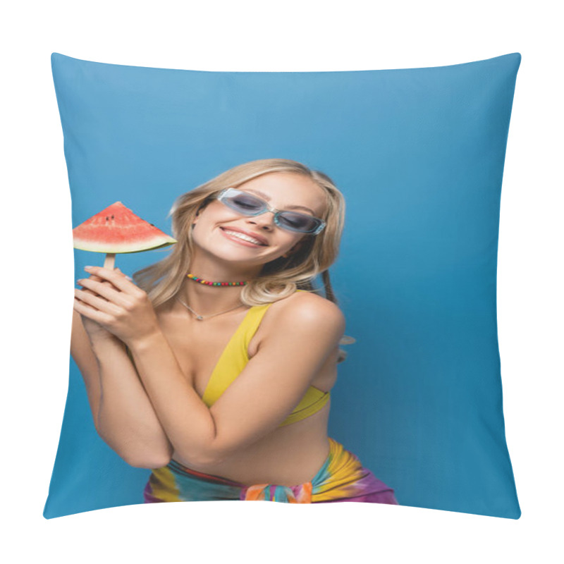 Personality  Joyful Young Woman In Yellow Bikini Top Holding Popsicle Stick With Watermelon Isolated On Blue Pillow Covers