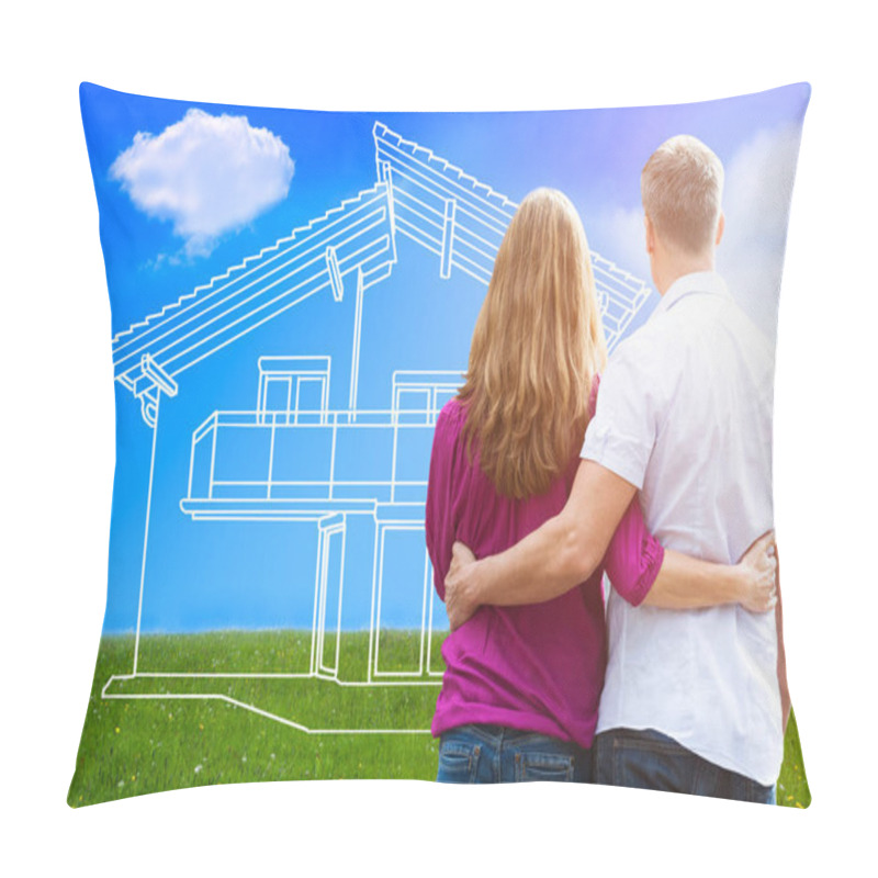 Personality  Rear View Of A Loving Couple Looking At Dream House Outdoor Pillow Covers