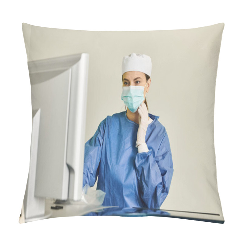 Personality  Woman At Doctors Office, Suited In Surgical Mask And Gloves, Preparing For Laser Vision Correction. Pillow Covers