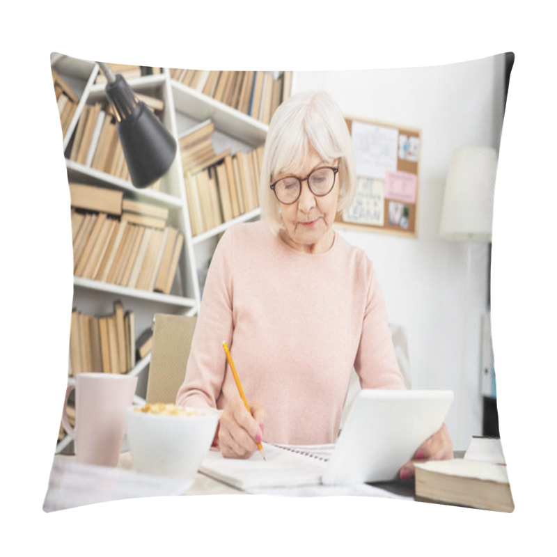 Personality  Earnest Senior Woman Taking Notes Pillow Covers