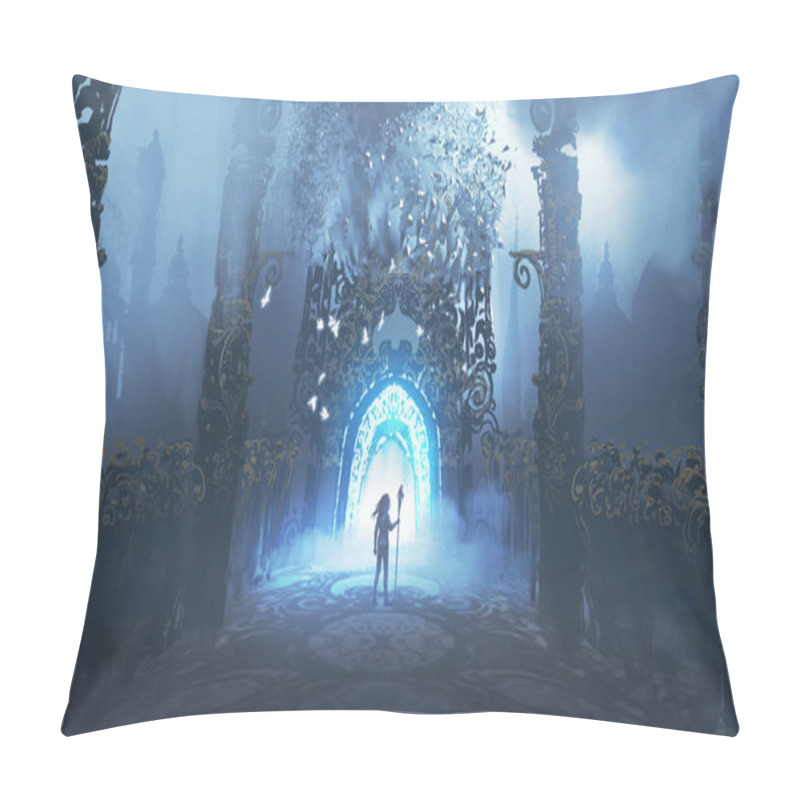 Personality  Man With Spear Standing In Front Of The Hallway Leading To The Mysterious Castle, Digital Art Style, Illustration Painting Pillow Covers