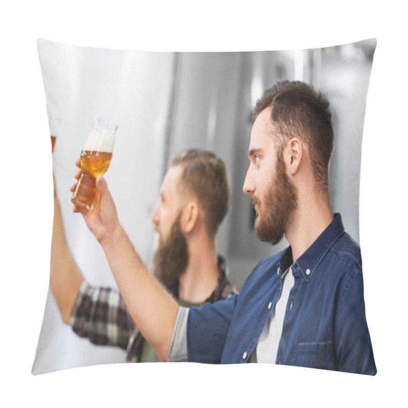 Personality  Alcohol Production, Manufacture, Business And People Concept - Men Drinking And Testing Craft Beer At Brewery Pillow Covers