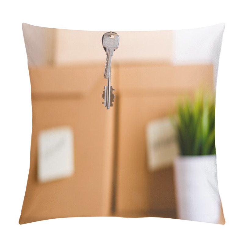 Personality  Female Hand Holding Keys Over Pile Of Brown Cardboard Boxes Pillow Covers