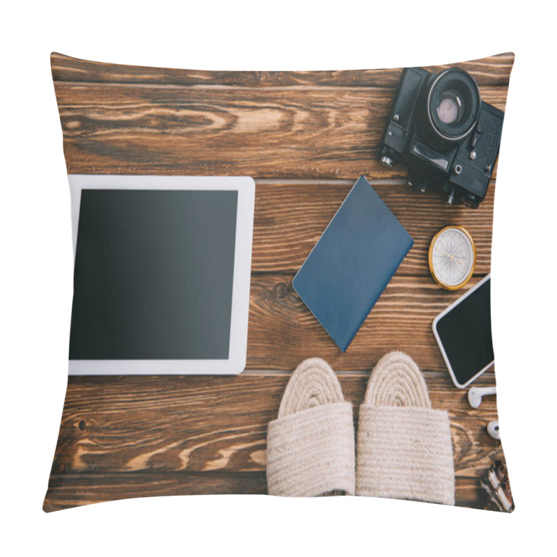 Personality  Top View Of Digital Devices, Retro Film Camera, Passport And Wicker Sandals On Wooden Surface Pillow Covers