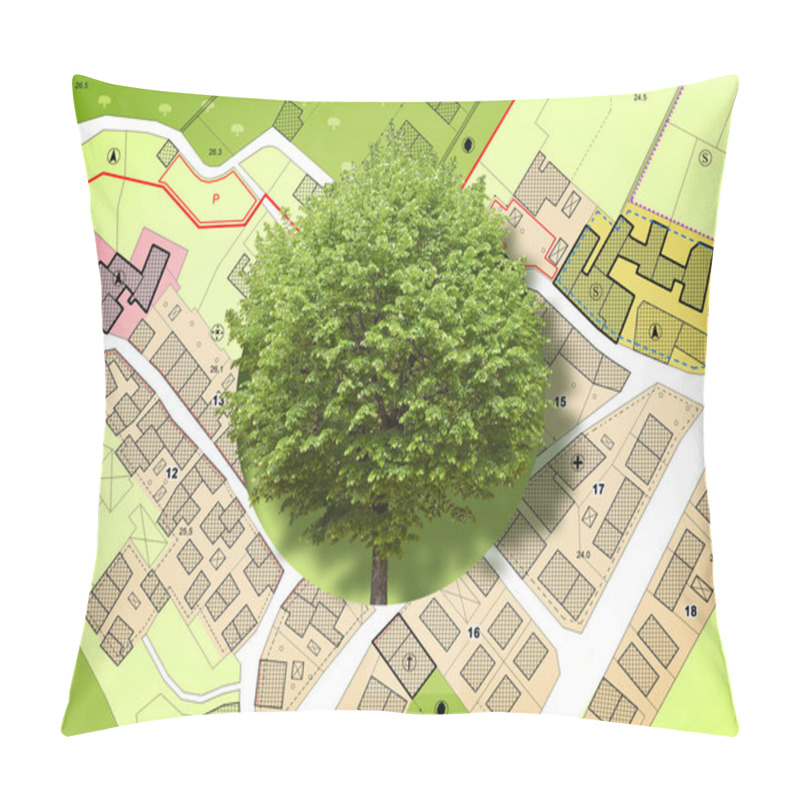 Personality  Lone Tree Against An Imaginary General Urban Plan With Urban Destinations Roads, Buildable Areas And Land Plot.   Pillow Covers