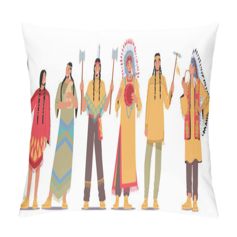 Personality  Set Of Indian American Indigenous Characters, Isolated Warriors, Men, Women And Chief, Native Aboriginal Persons Pillow Covers