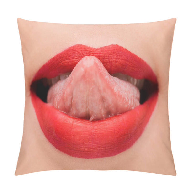 Personality  Cropped View Of Girl With Red Lipstick Licking Lips Isolated On White  Pillow Covers