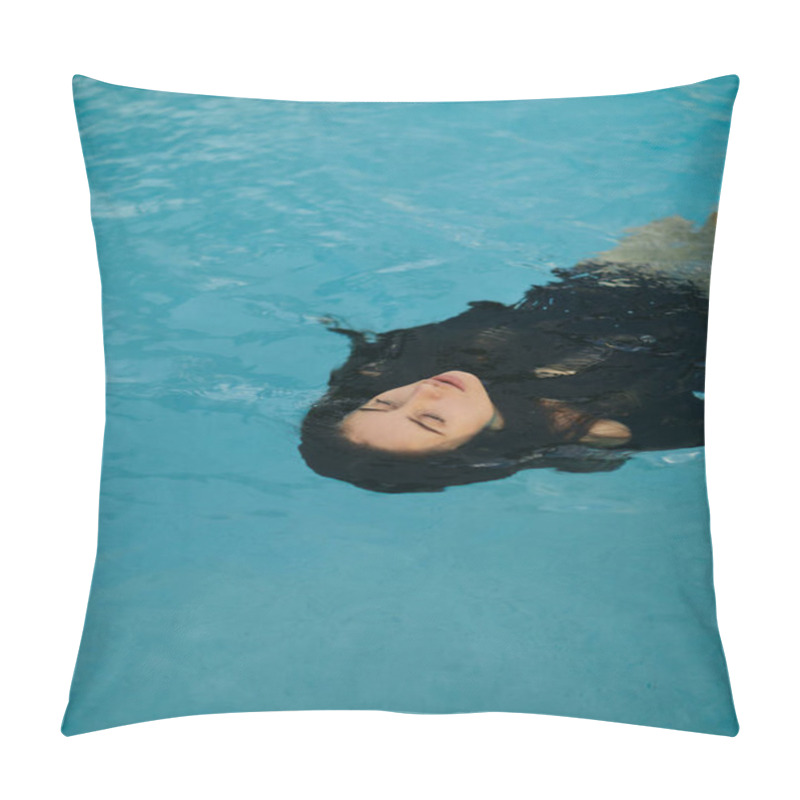 Personality  Summer Getaway, Carefree Woman In Black Swimwear Relaxing While Swimming In Public Pool In Luxury Resort In Miami, Shimmering Water, Freedom, Refreshing, Resort In Miami  Pillow Covers