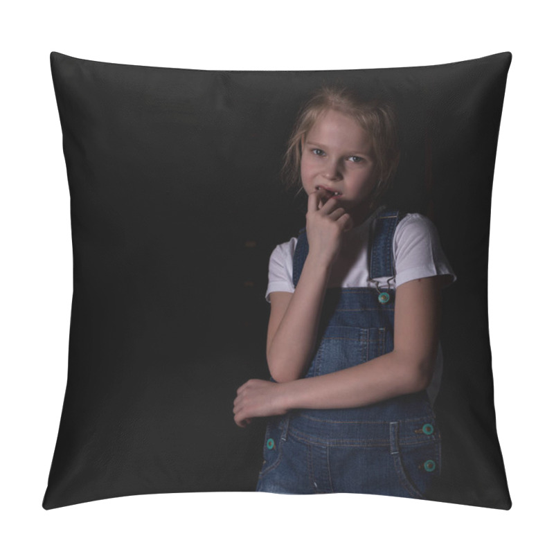 Personality  Beautiful Blonde Little Girl On A Dark Background. She Stands In Different Poses And Shows Different Emotions. Free Space For Your Text Pillow Covers