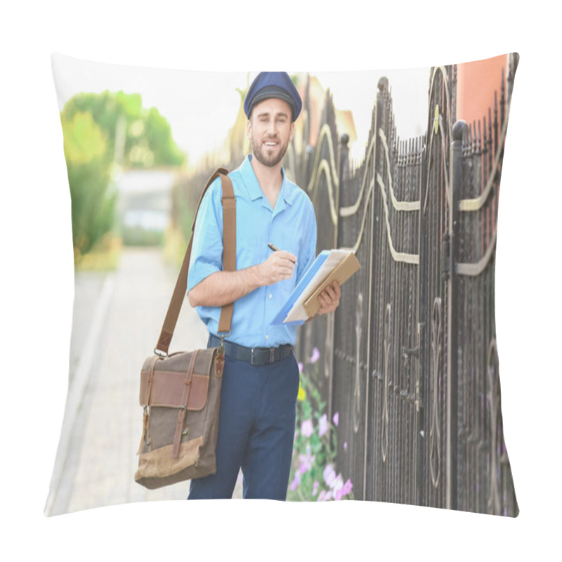 Personality  Handsome Young Postman With Letters Outdoors Pillow Covers