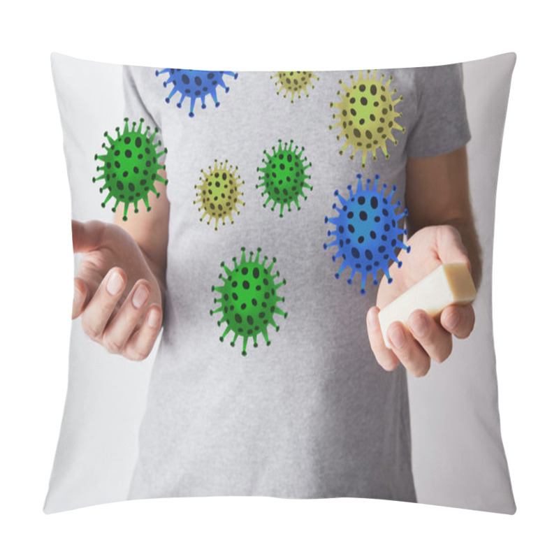 Personality  Partial View Of Man Holding Soap On Grey Background Background, Bacteria Illustration Pillow Covers