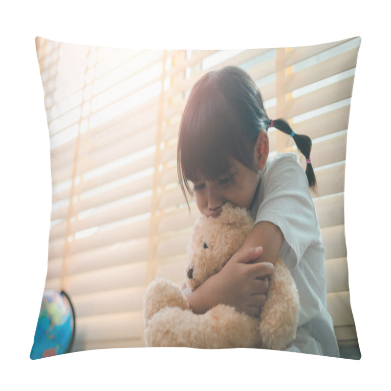 Personality  Close Up Lonely Little Girl Hugging Toy, Sitting At Home Alone, Upset Unhappy Child Waiting For Parents, Thinking About Problems, Bad Relationship In Family, Psychological Trauma Pillow Covers