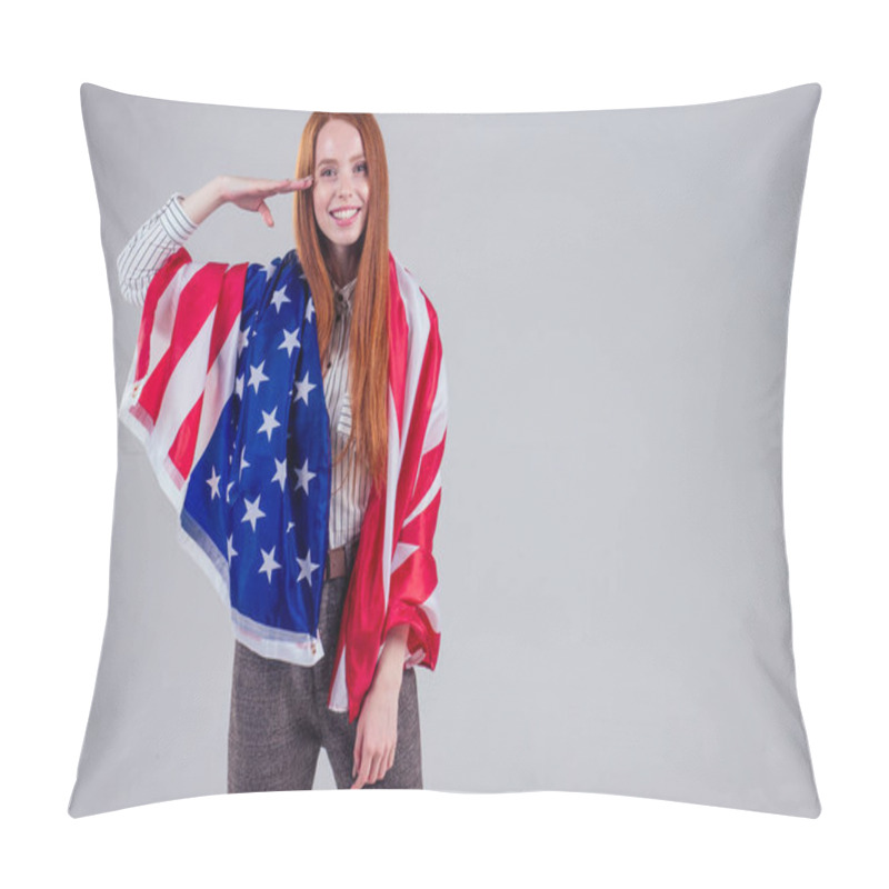 Personality  Happy Young And Beautiful Redheaded Businesswoman Holding American Flag Saluting Right Hand At The Head Tribute And Respect To The Army On White Background In Studio : Independence Day Usa 4th Of July Pillow Covers