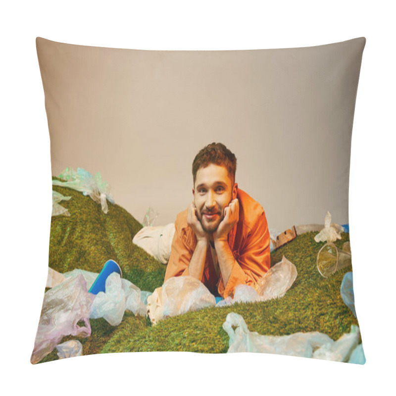 Personality  A Man Reclines In A Sea Of Plastic Bags And Containers. Pillow Covers