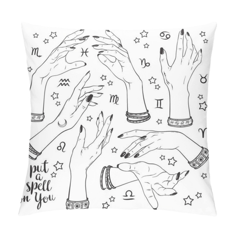 Personality  Hand Drawn Set Of Female Witches Hands In Different Poses. Flash Tattoo, Sticker, Patch Or Print Design Vector Illustration Pillow Covers