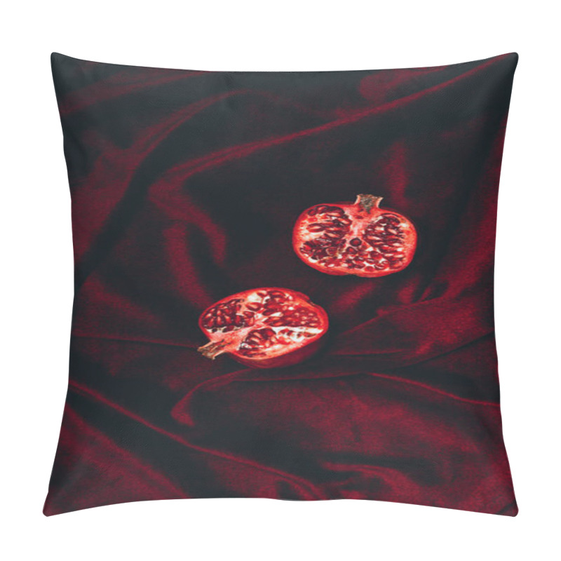 Personality  Top View Of Ripe Garnet Halves On Red Velvet Fabric Background Pillow Covers