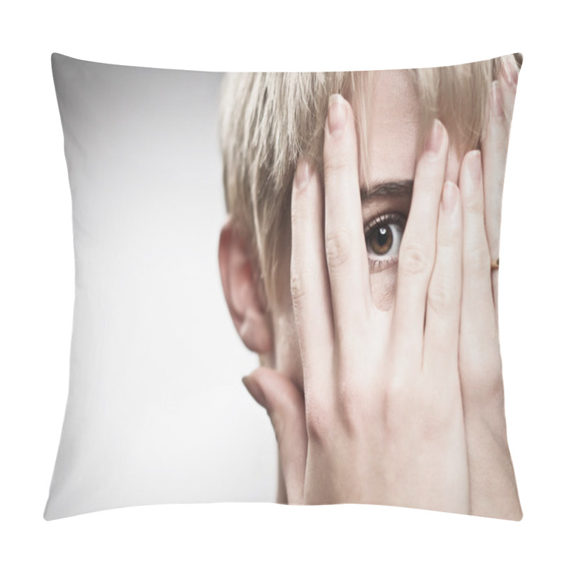 Personality  Beautiful Young Caucasian Woman Peeking Through Fingers Pillow Covers