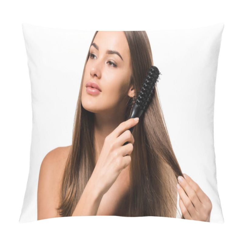 Personality  Attractive Girl Combing Long Brown Hair With Hairbrush Isolated On White Pillow Covers