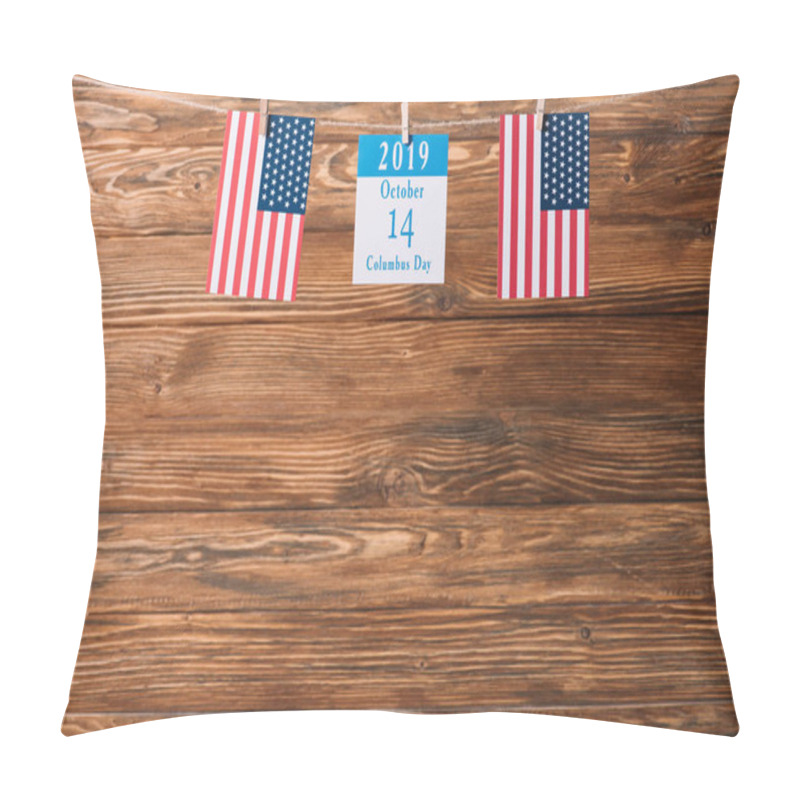 Personality  Calendar  With 14 October Date Between American National Flags On Wooden Surface Pillow Covers