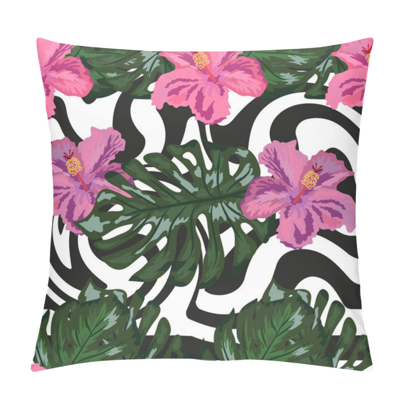 Personality  Seamless Pattern With Tropical Orchid And Hibiscus Flowers, Palm, Banana And Monstera Leaves On Striped Background. Pillow Covers