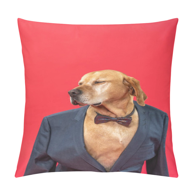 Personality  Cute Dog With Bow-tie And Business Suit. Against A Red Background. Christmas And New Years Eve Vibe. High Quality Photo Pillow Covers