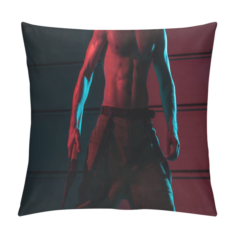 Personality  Partial View Of Sexy Shirtless Fireman Holding Flat Head Axe In Darkness Pillow Covers