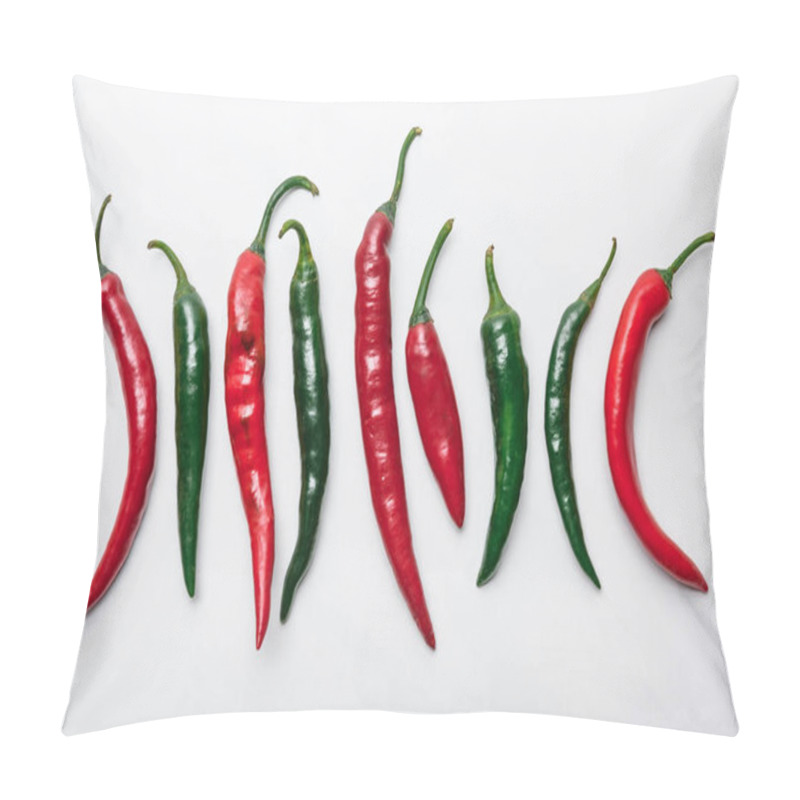 Personality  Top View Of Red And Green Chili Peppers In Row On White Marble Tabletop Pillow Covers