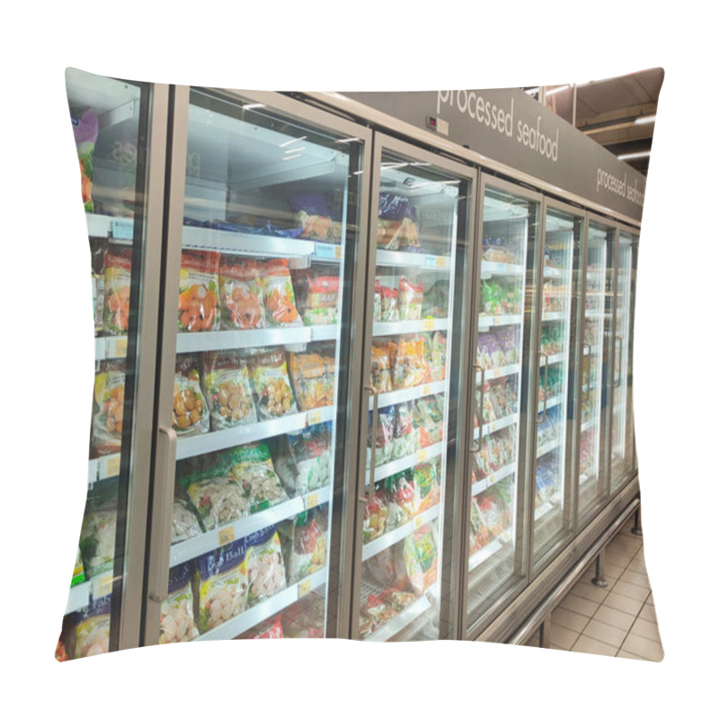 Personality  KUALA LUMPUR, MALAYSIA -MARCH 9, 2020: Frozen Foods Are Displayed On The Rack Inside The Large Chiller In The Supermarket. Displayed And Arranged By The Brand To Make It Easy For The Customer.  Pillow Covers