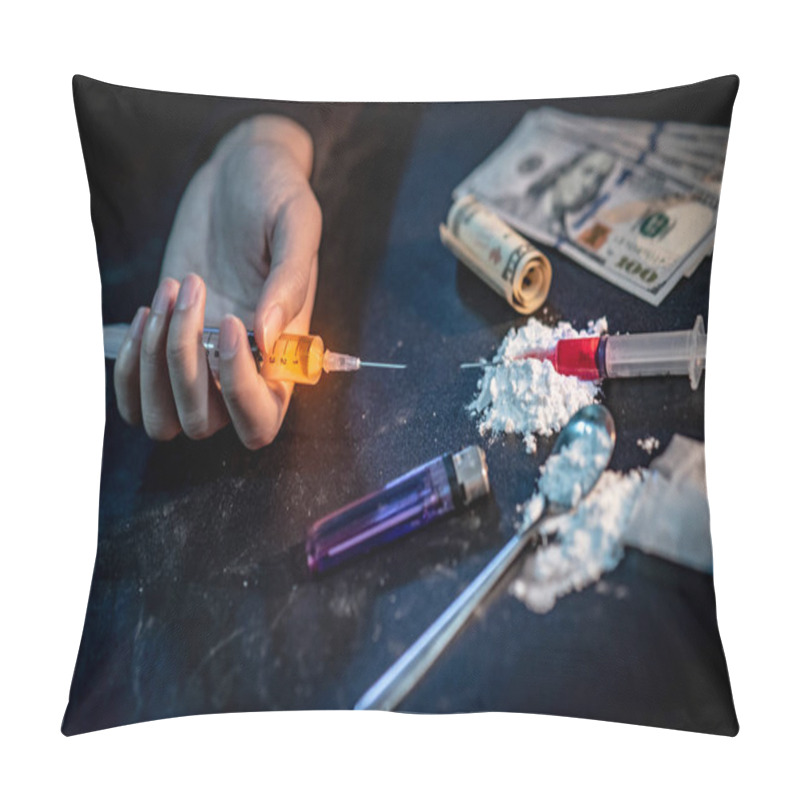 Personality  Male Junkie Hand Holding Drug Injection Syringe Near Heroin Powder, Spoon And Cigarette Lighter For Heroin Cooking And Money On Dark Floor. Hard Drug Addiction Concept Pillow Covers