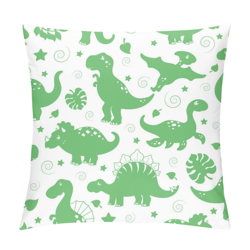 Personality  Seamless Pattern With Dinosaurs And Leaves, Green Silhouettes Icons On A White Background  Pillow Covers