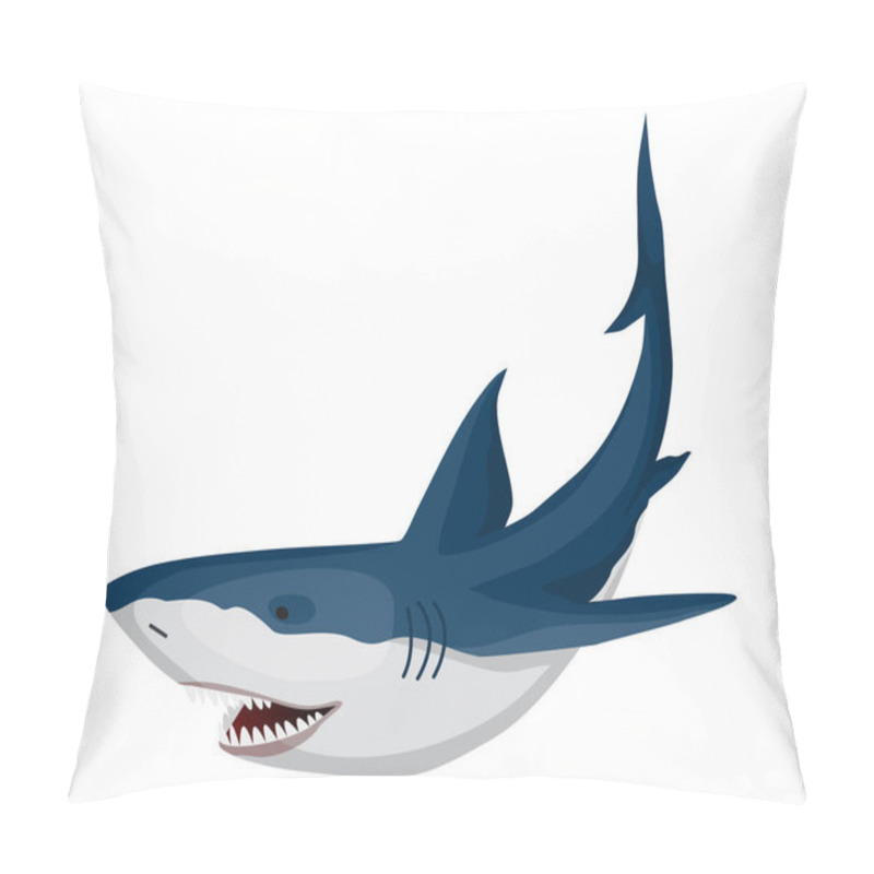 Personality  Shark. Big Dangerous Marine Predator. Toothy Swimming Angry Shark. Underwater Character Of Sea Animal. Vector Illustration Of Marine Wildlife Pillow Covers