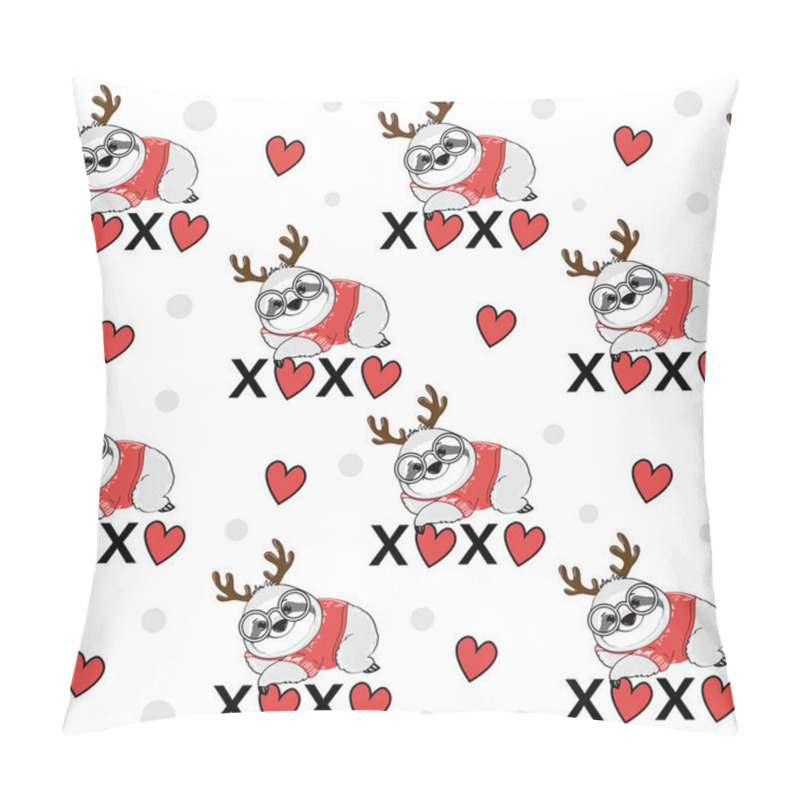 Personality  Vector Illustration With Christmas Sloth With Deer Antlers And Inscription Xo Xo Seamless Pattern Pillow Covers