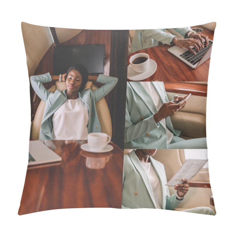 Personality  Collage Of African American Businesswoman Typing On Laptop, Chatting On Smartphone, Reading Document And Resting In Private Jet Pillow Covers