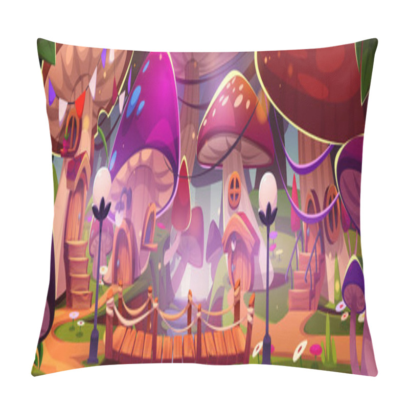 Personality  Fairytale Gnome Village In Forest. Vector Cartoon Illustration Of Mushroom Houses, Wooden Bridge And Lanterns, Flowers On Green Grass In Fantasy Woods, Magic Elf Town, Enchanted Scenery, Game Design Pillow Covers