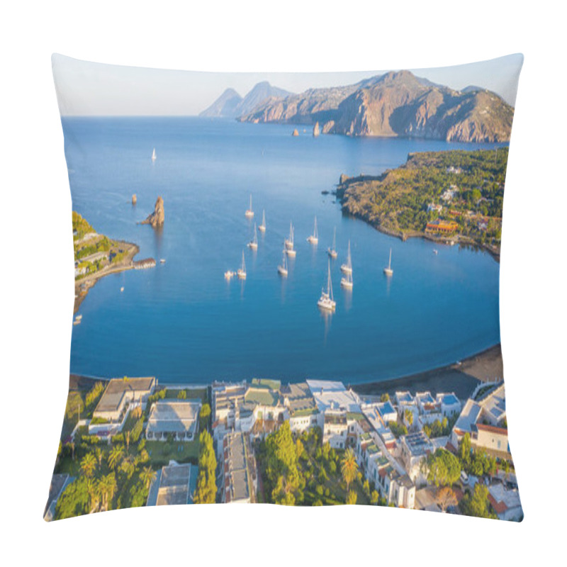 Personality  Aerial View Photo From Flying Drone Of The Black Sand Beach With Yachts In Small Haven In Porto Di Ponente, In Vulcano, Italy On A Summer At Beautiful Day With Blue Sky (series) Pillow Covers