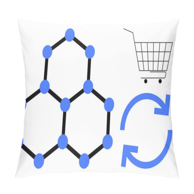 Personality  Network Of Hexagonal Blue Nodes Connected By Black Lines Adjacent To A Shopping Cart And Refresh Arrows. Ideal For E-commerce, Logistics, Online Shopping, Process Management, Network Connection Pillow Covers