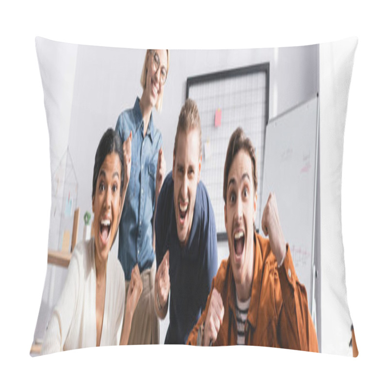 Personality  Excited Multiethnic Business Colleagues Screaming And Showing Win Gesture, Banner Pillow Covers