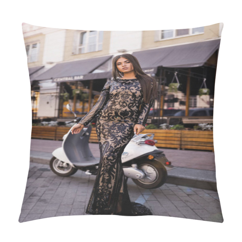 Personality  Gorgeous Woman On The Street, Fashion Shooting, Beautiful Girl, Posing, Fashion Dress, Brunette, Dark Hair, Long Hair, Stylish Makeup, Fancy Dress, Dreamy, Restaurant, Red Lips, Dark Eyes, Summer, Sunshine Pillow Covers