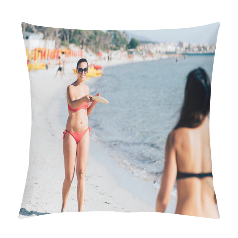 Personality  Women Playing With Racket On Seashore Pillow Covers