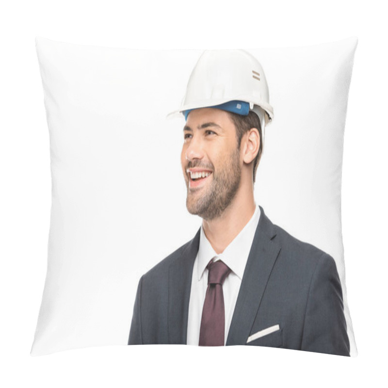 Personality  Portrait Of Smiling Young Male Architect Looking Away Isolated On White  Pillow Covers