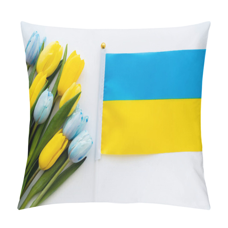 Personality  Top View Of Ukrainian Flag Near Flowers On White Background  Pillow Covers