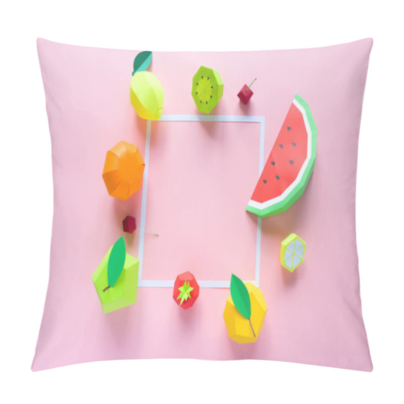 Personality  Square Frame With Exotic Fruits Made Of Paper On Pink Background Pillow Covers