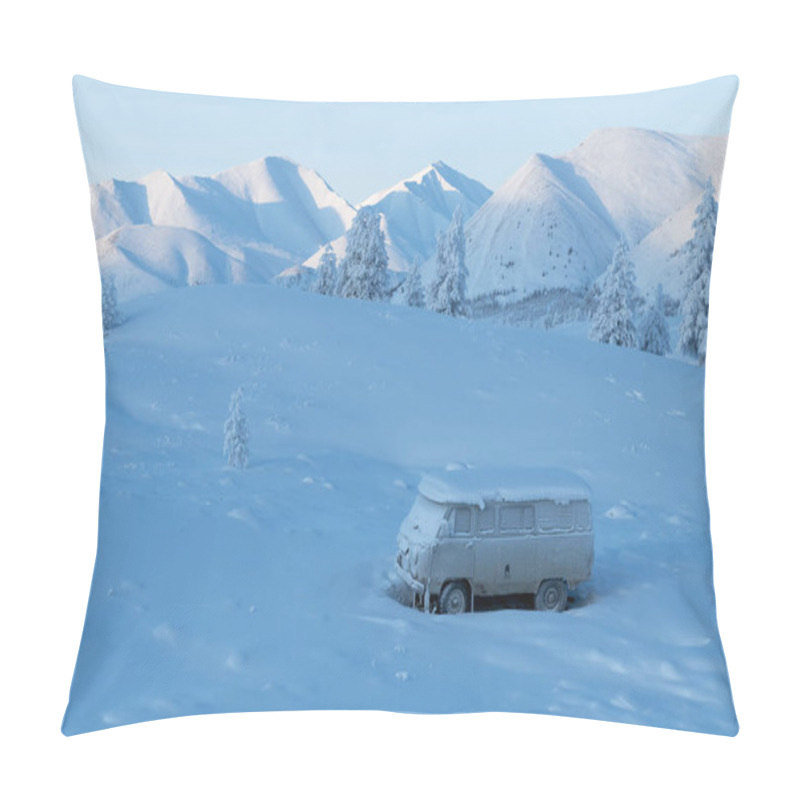 Personality  The Frozen Broken Car Will Stand Until Spring. Winter Landscape With A Snow-covered Car Standing Among The Mountains In Yakutia, Sakha Republic Pillow Covers