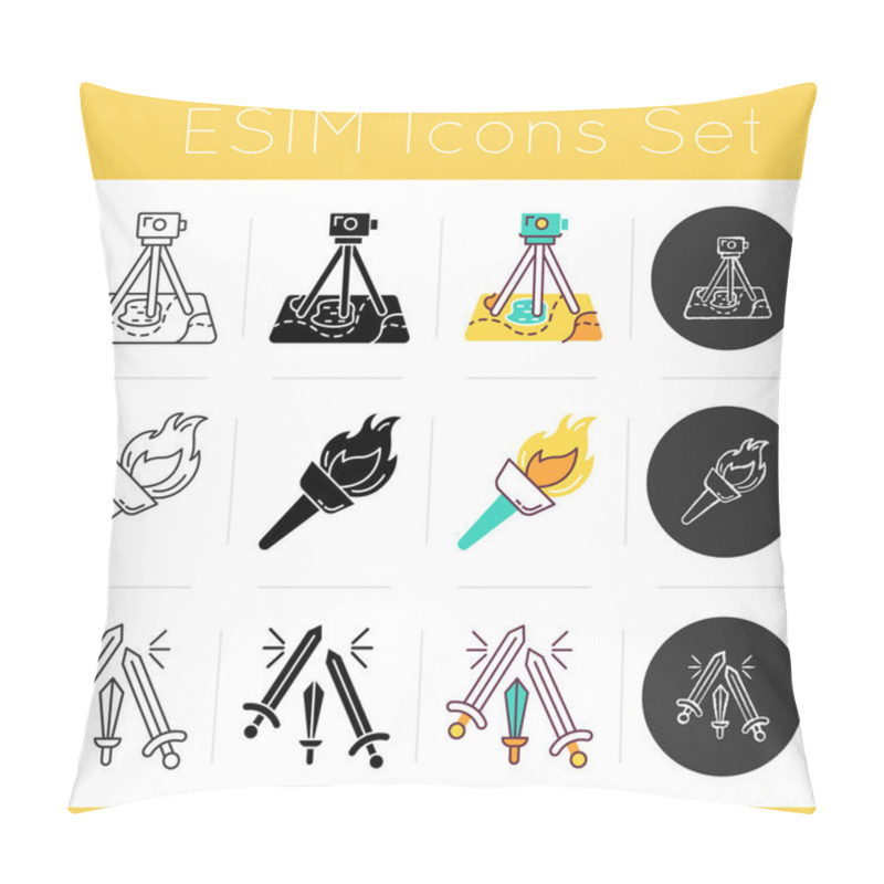 Personality  Archeology Icons Set. Field Survey. Cartography. Flaming Medieval Torch. Flambeau. Sword Fight. Topographic Research. Flat Design, Linear, Black And Color Styles. Isolated Vector Illustrations Pillow Covers