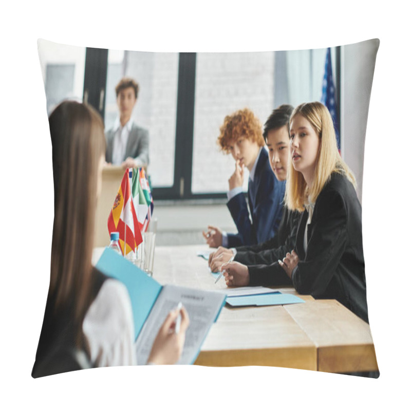 Personality  Teens Engage In UN Model Conference, Discussing Diplomacy And Global Relations. Pillow Covers