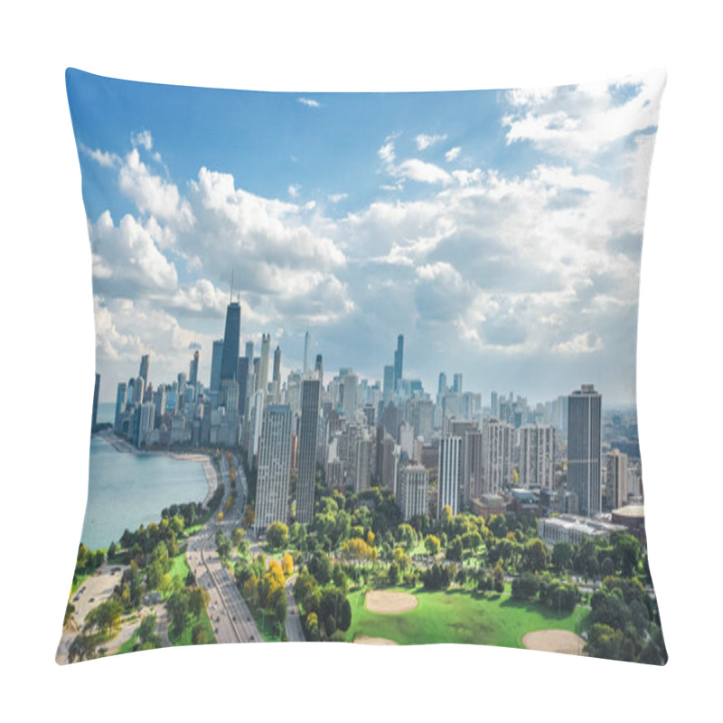 Personality  Chicago Skyline Aerial Drone View From Above, Lake Michigan And City Of Chicago Downtown Skyscrapers Cityscape From Lincoln Park, Illinois, USA Pillow Covers