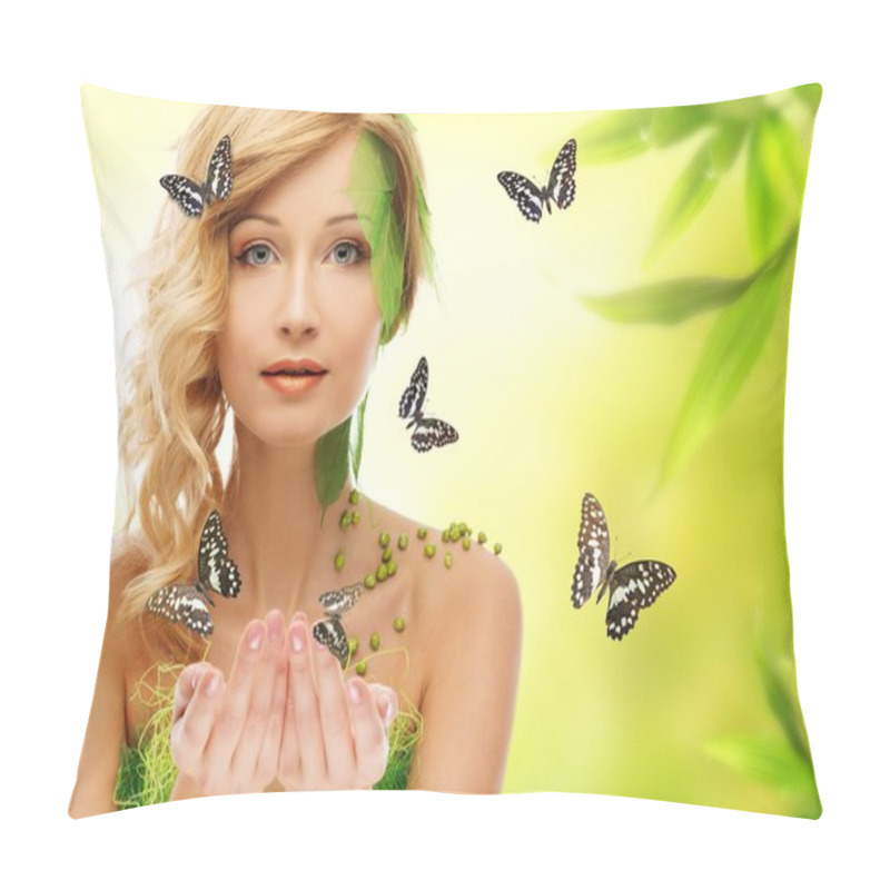 Personality  Beautiful Young Woman In Conceptual Spring Costume With Butterflies Around Her Pillow Covers