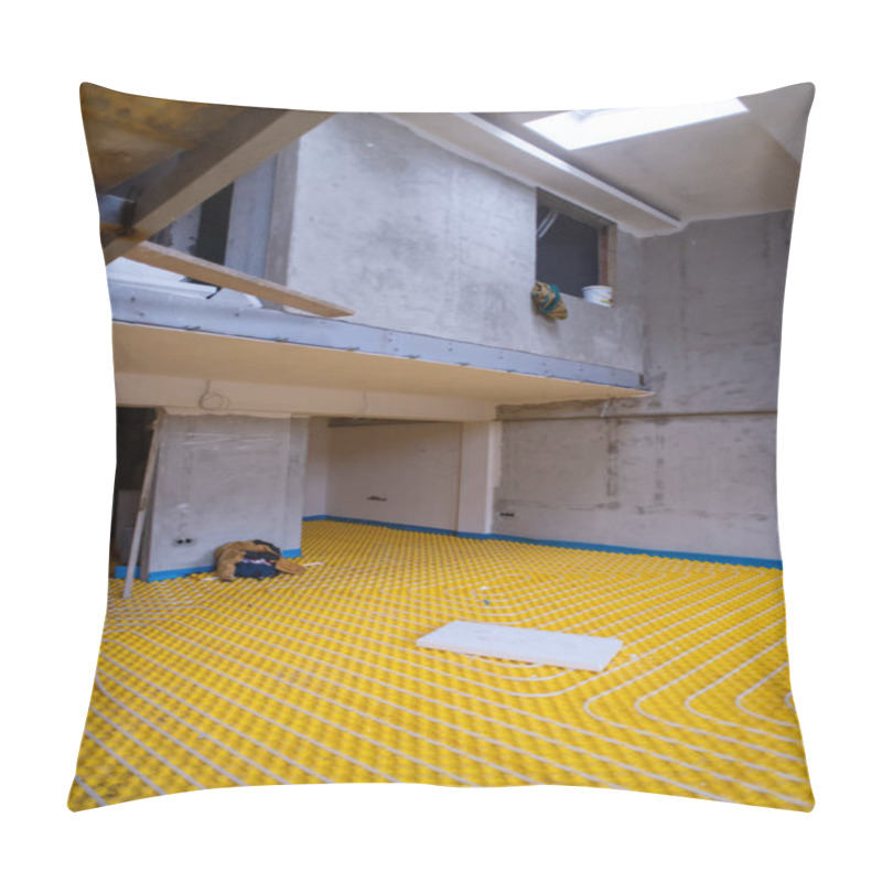 Personality  Yellow Underfloor Heating Installation With White Polyethylene Pipes On Construction Site Of New Two Level Apartment Pillow Covers